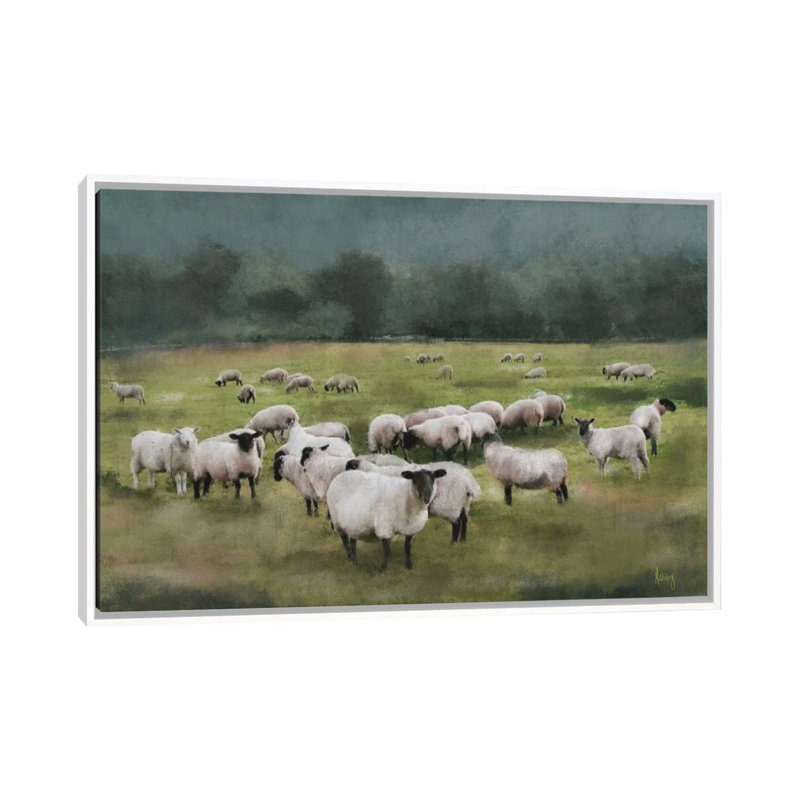 Moody Sheepscape, Toile encadrée flottée blanche, H 18 po x l 26 po x P 1,5 po, Pas de tapis