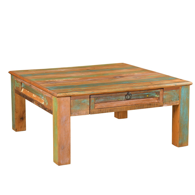 Solid Wood Square Rustic Coffee Table with Drawers