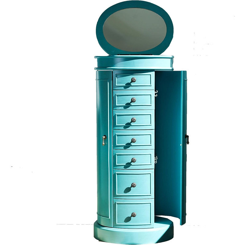 Turquoise Wood Free Standing Jewelry Armoire with Mirror