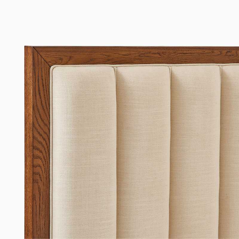Grand lit en bois massif brun Hernest avec tête de lit tapissier pour la chambre à coucher, Queen, Beige/Dark Wood