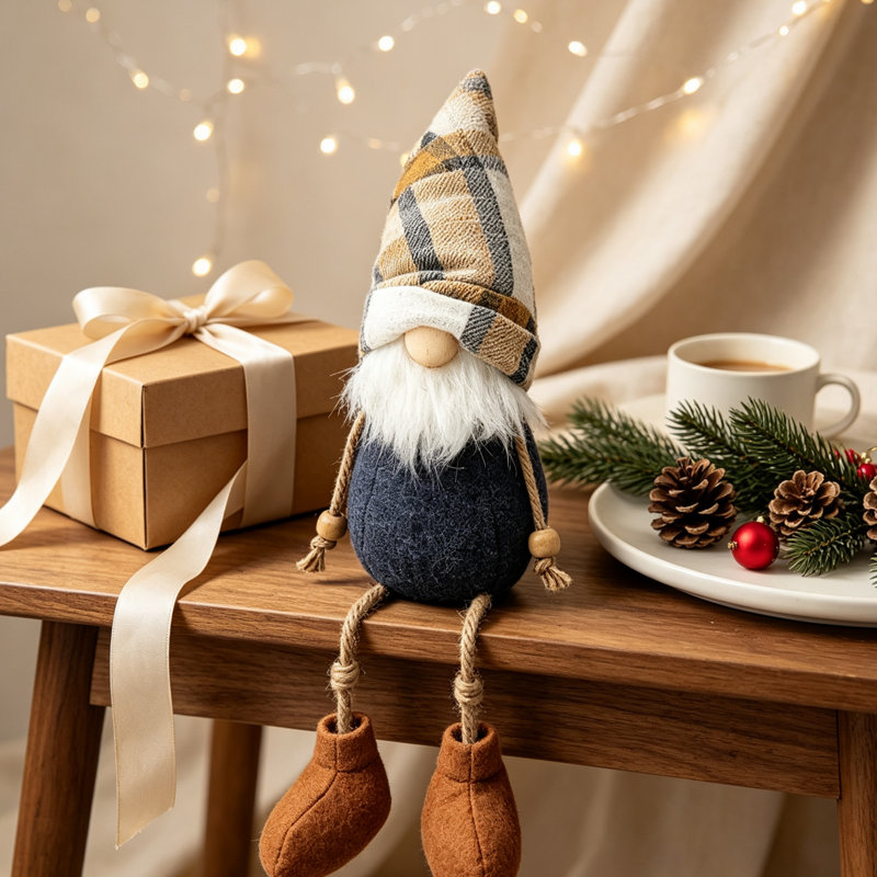 Ensemble de 3 décorations de gnome d'automne de l'Action de grâce, mélange de polyester à carreaux bleus et bruns
