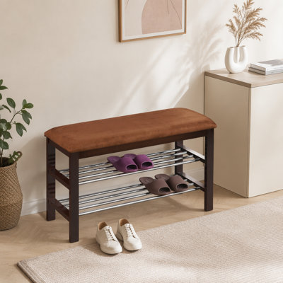 Banc à chaussures en bois avec siège en microfibre chocolat