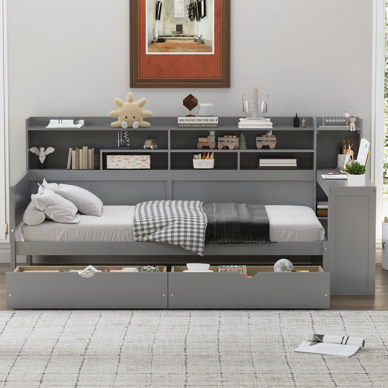 Lit de jour simple en bois gris avec tablette de rangement, deux tiroirs et un bureau d'étude pour maximiser l'efficacité de la chambre à coucher - installations latérales en bois de grande taille, gain de place à l'extrémité du pied