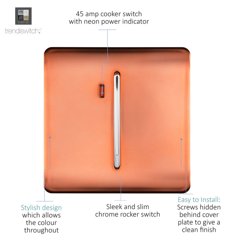 Trendi Switch 1 Gang 45 Amp Cooker Switch with Neon, Copper