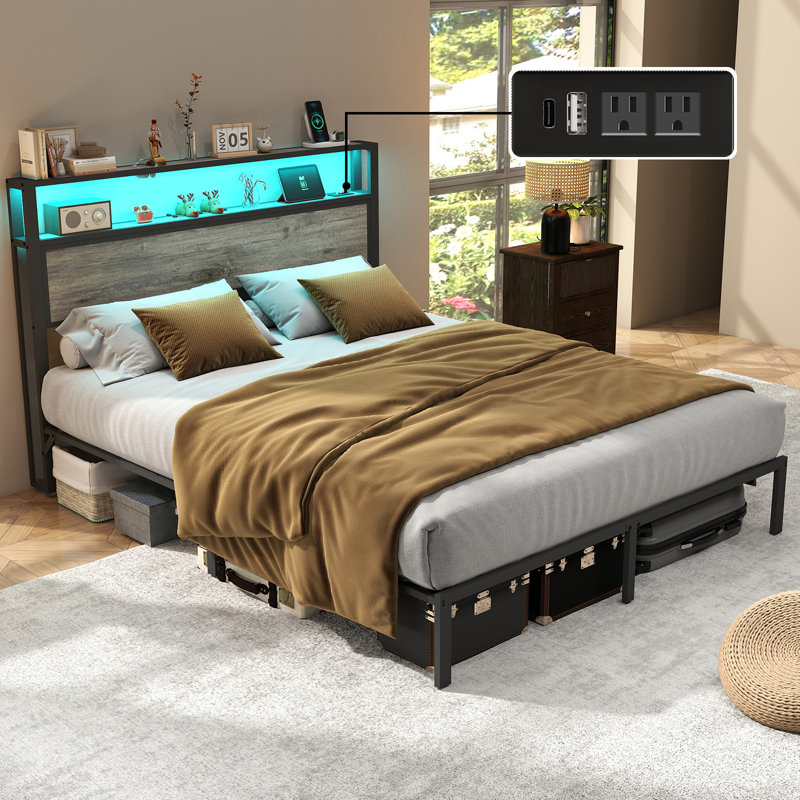 Bed Frame with 2-Tier Storage Headboard, Platform Bed with LED Lights and Charging Station, Underbed Storage Space, Queen