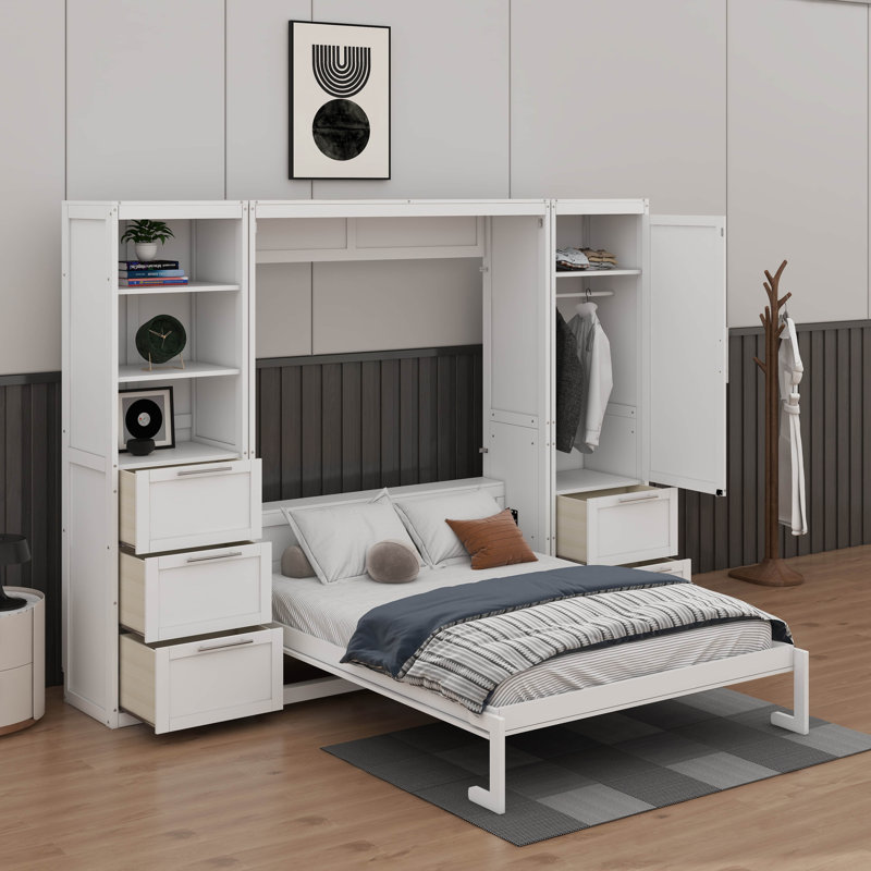 Grand lit escamotable avec tiroirs et tablettes, Blanc