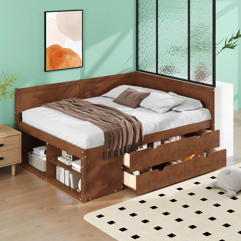 Full Size Daybed With 4 Drawers And Shelves, Wooden Platform Bed Frame With L-Shaped Headboard And Slats Support, Corner Bed