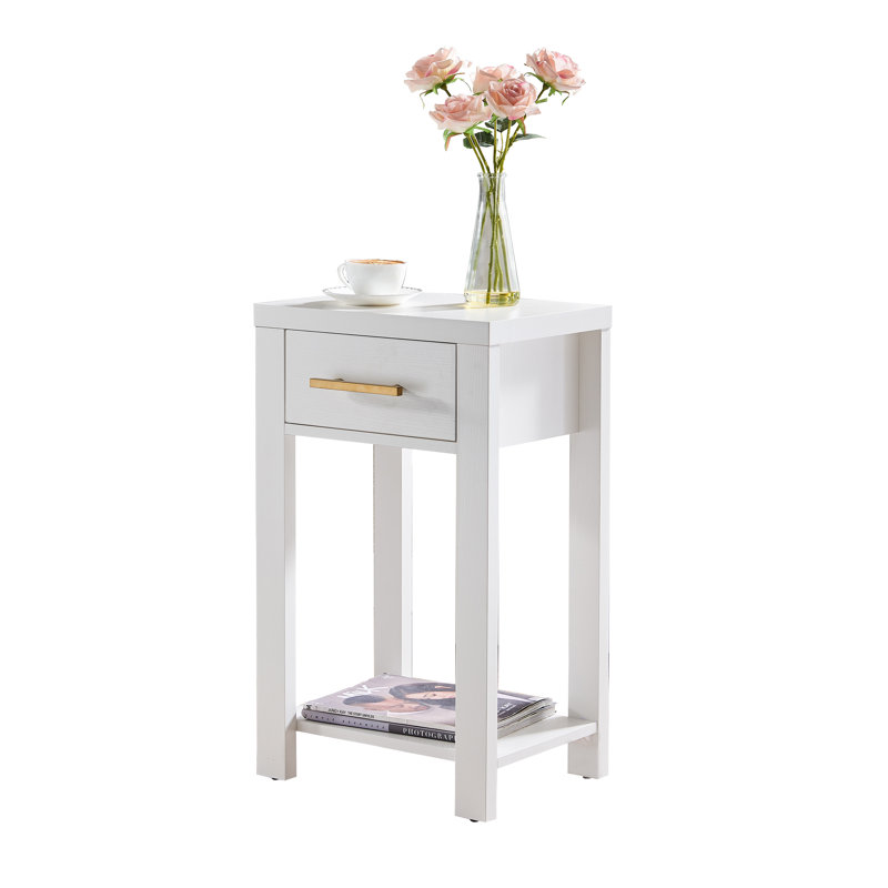 Rectangular Engineered Wood End Table with Storage Drawer, Shelf, and Magazine Rack, White, White