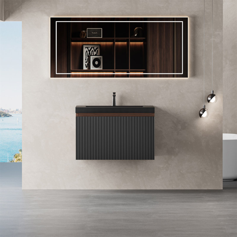 Meuble-lavabo flottant 24 po avec lavabo, armoire murale moderne rayée, tiroirs à fermeture en douceur, lavabo à quartz noir