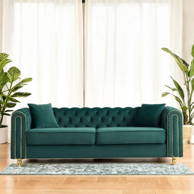 Canapé capitonné moderne de luxe l 86 po avec 2 pièces de coussins décoratifs pour le salon, la chambre à coucher, couleur verte