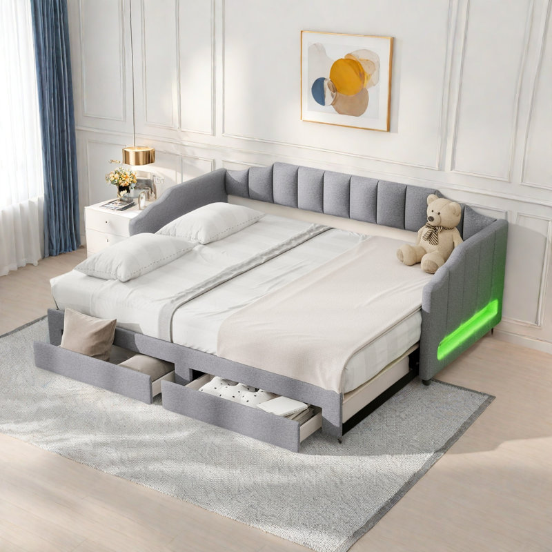 Extendable Upholstered Daybed With 2 Storage Drawers And Led Light, Gray