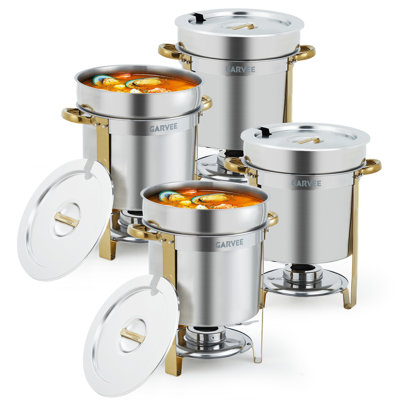 Paquet de 4 réchauds à soupe ronds, réchaud à soupe en acier inoxydable 11 pte avec marmite, couvercles entaillés et supports à carburant, or