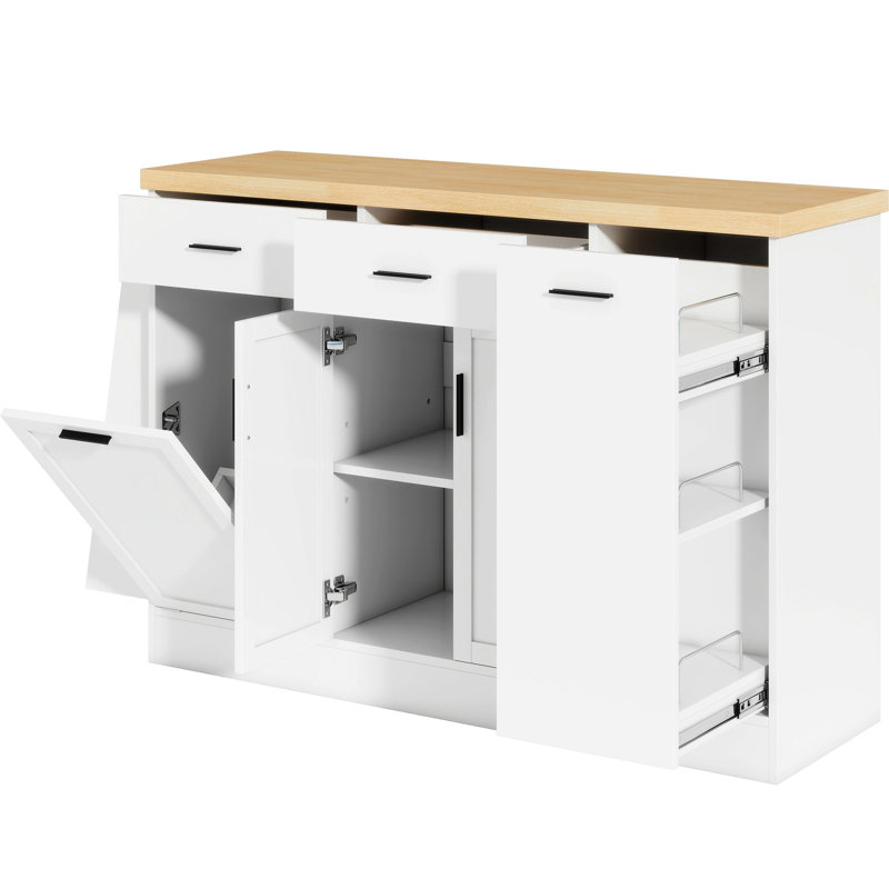 Îlot de cuisine bicolore élégant avec poubelle escamotable dissimulée, étagère à épices à 3 niveaux et placard à portes coulissantes. Garde-robe double à tiroirs pour le rangement. Buffet blanc multifonctionnel.