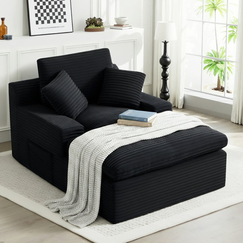 Fully Assembled Compression Corduroy Chaise Lounge Chair Singe Sofa with 3 Pillows, Black
