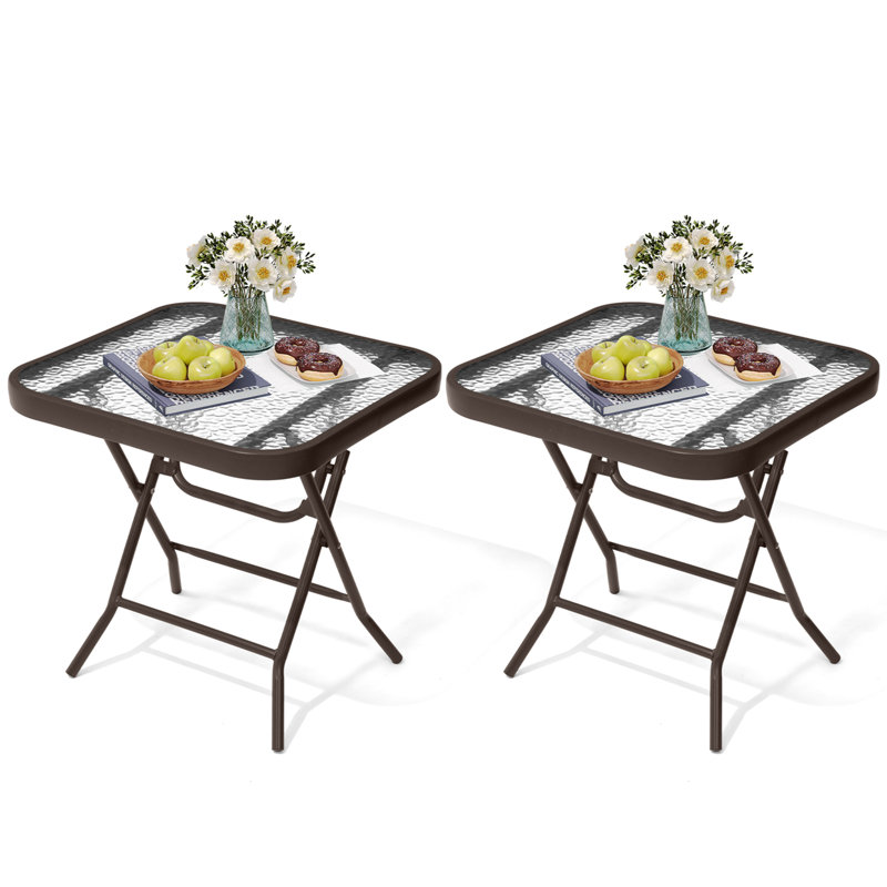 Ensemble de 2 tables d'appoint pliables en verre trempé pour patio, Brun
