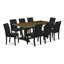 Ensemble de table de salle à manger 9 pièces comprenant une table rectangulaire en lin blanc et 8 chaises rembourrées en tissu de lin noir avec dossier haut - finition noire brossée-1843751759-1843751746