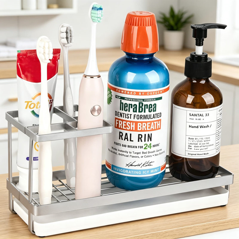Porte-brosse à dents en acier inoxydable pour comptoir de salle de bain, brosse à dents électrique et organisateur de dentifrice avec ramasse-gouttes amovible, accessoire de salle de bain à compartiments multiples