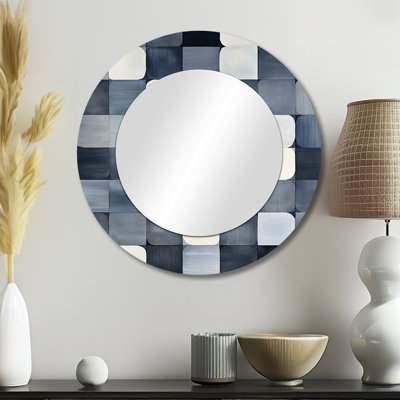 «Gentle Indigo Secrets Circular Retro Watercolor - Miroir mural décoratif rond géométrique, impression sur métal