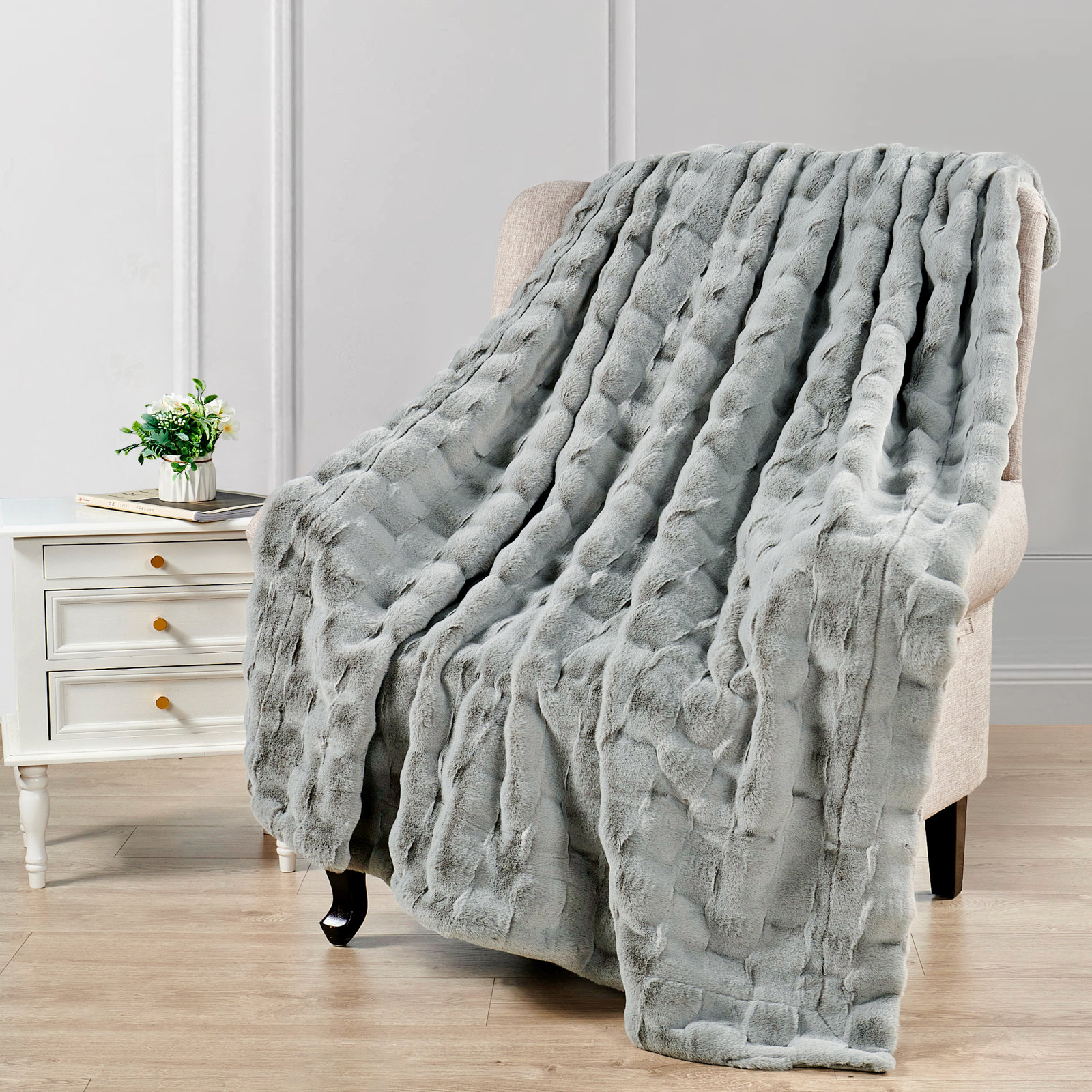 Biscoe Faux Fur Knitted Throw Blanket, Gray, 50"W x 70"L