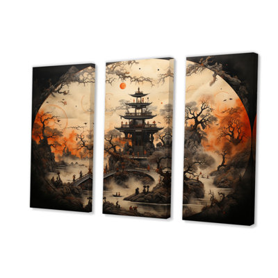 "Beige orange bouddhisme, roue de la vie sur toile", 3 pièces