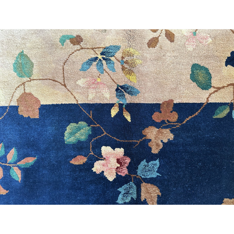 Tapis antique en laine beige et bleu marine Art Deco