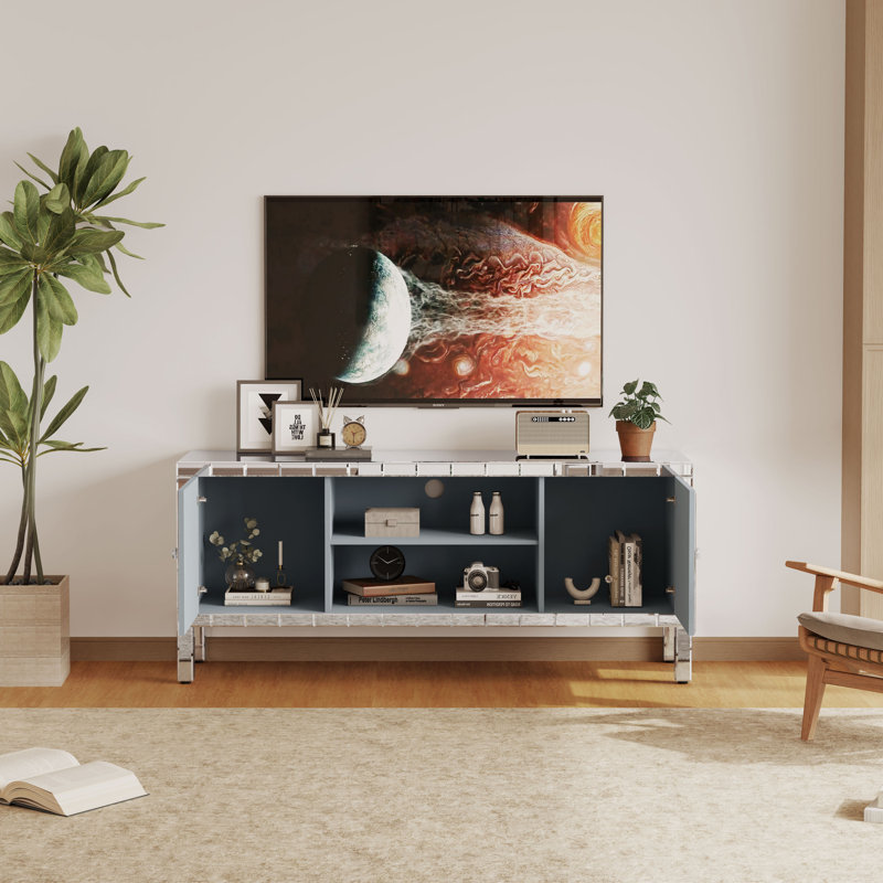 Meuble télé en miroir avec 2 armoires de rangement, étagères ouvertes, tablettes réglables et système de gestion des câbles