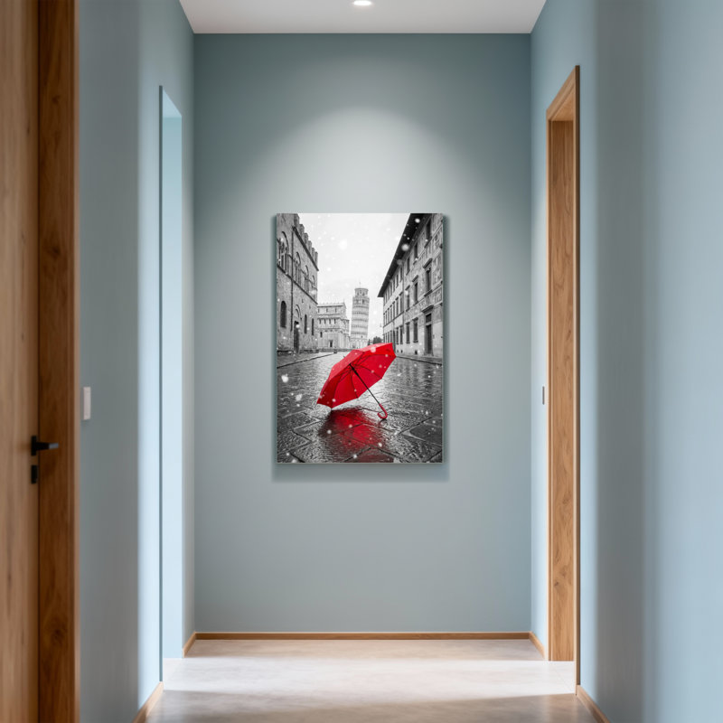 Parapluie rouge Scenic & Cityscapes sur une rue humide avec de la neige, H 18 po x l 12 po