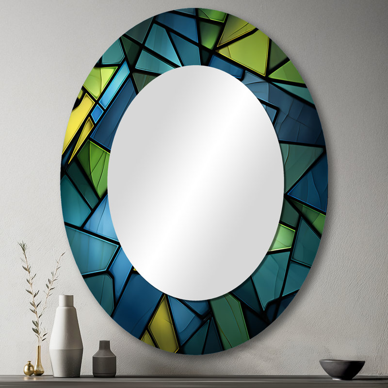 Blue Green Window Tides I - Large Oval Wall Mirror On Metal, 43" x 33"