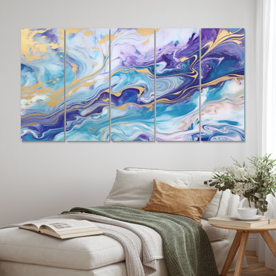 Turquoise And Purple Liquid Art V - Fractals Canvas Art Print - 5 Equal Panels