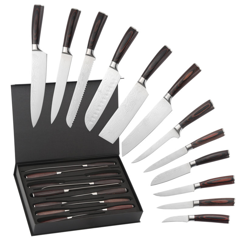 Ensemble de couteaux de cuisine professionnel en acier inoxydable 12 pièces avec motif damas et poignées ergonomiques en bois - Collection culinaire complète dans une boîte cadeau élégante