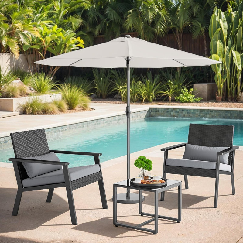 Ensemble de 3 petits meubles de patio en osier avec table en verre pour balcon, porche et jardin (jaune), Gris