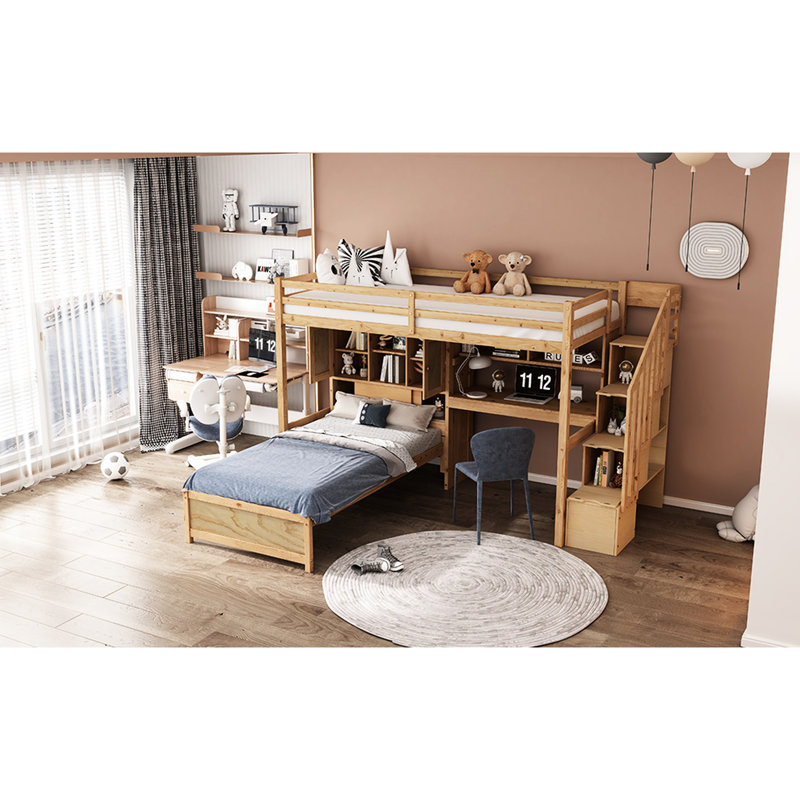 Lit simple surélevé naturel avec bureau, tablettes et rangement robuste - Bureau inclus, Naturel
