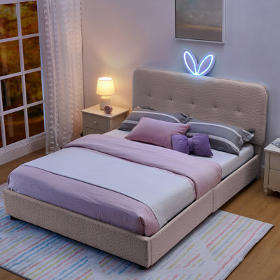 Lit tapissier avec tête de lit à oreilles de lapin, lumière DEL et 4 tiroirs de rangement