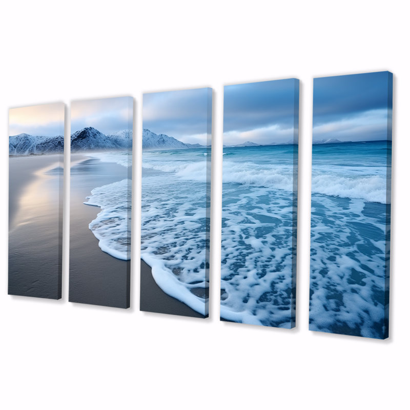 «White Calm Wave On Coastal Beach IV - Coastal Beach», ensemble de 5 pièces d'art mural, H 32 po x l 80 po