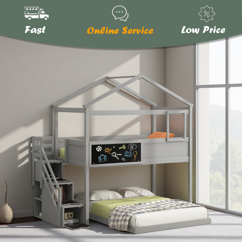 Twin Over Full House Bunk Bed With Storage Staircase And Blackboard, Grey