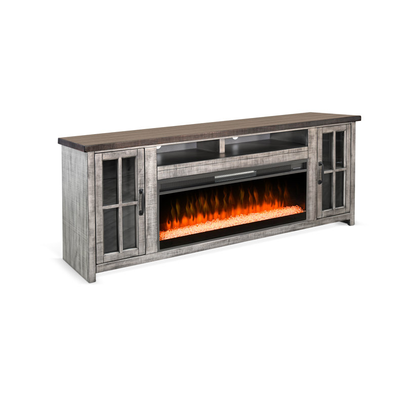 Crédence de rangement de 79 po de largeur avec foyer électrique inclus, Brun / gris
