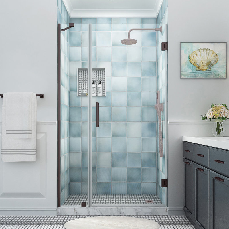 Belmore XL 45.25 - 46.25 in. x 80 in. Frameless Hinged Shower Door with Ultra-Bright Glass, Bronze, Clear Glass