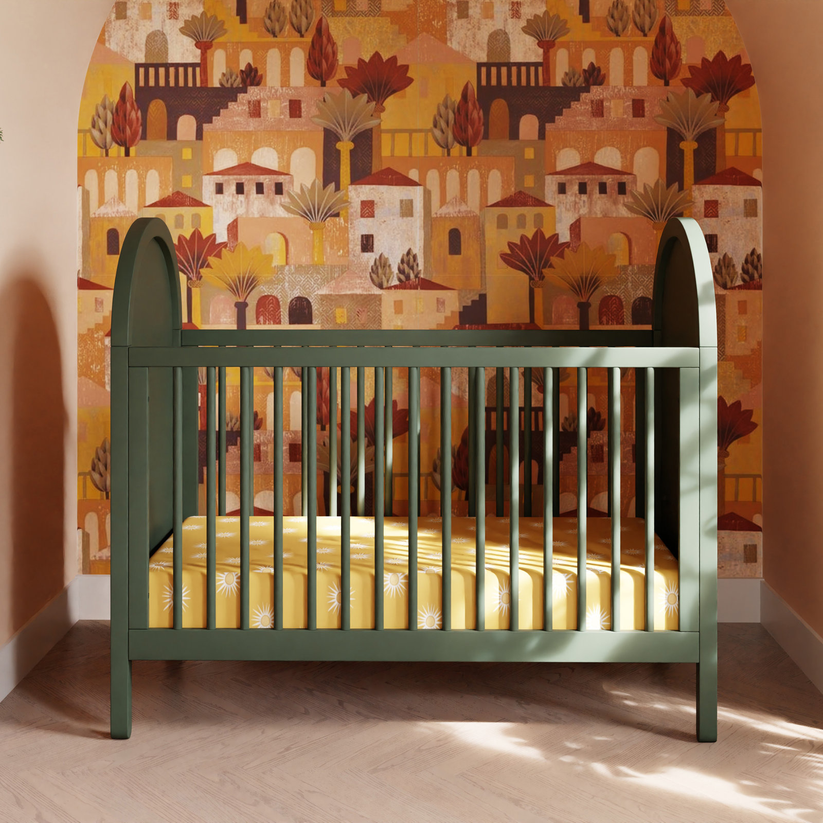 Bondi Pine 3-in-1 Convertible Crib, Forest Green w/ Natural Cane