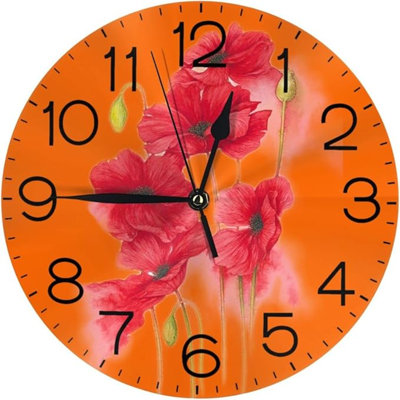 Home Decor Red Flower Floral On Orange Background Round Wall Clock Acrylic Silent Non Ticking Decorative Clocks For Living Room Kitchen