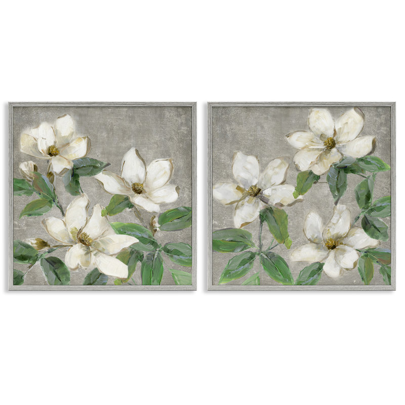 Blooming Ivory Magnolias 2pc Framed Giclee Set, design by Sally Swatland, Farmhouse Grey Giclee Framed, 24" H x 24" W