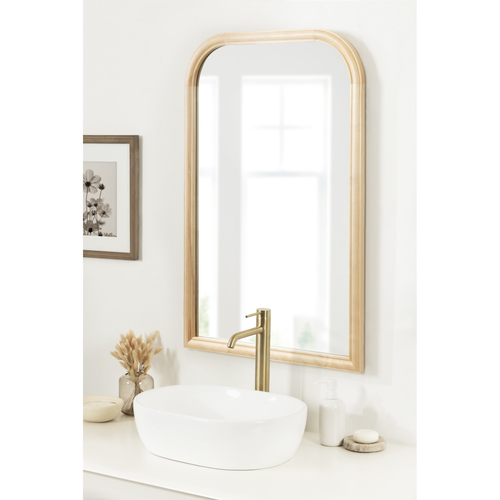 Brandis Wooden Bathroom Wall Mirror, Natural, Arch, 36" x 24"