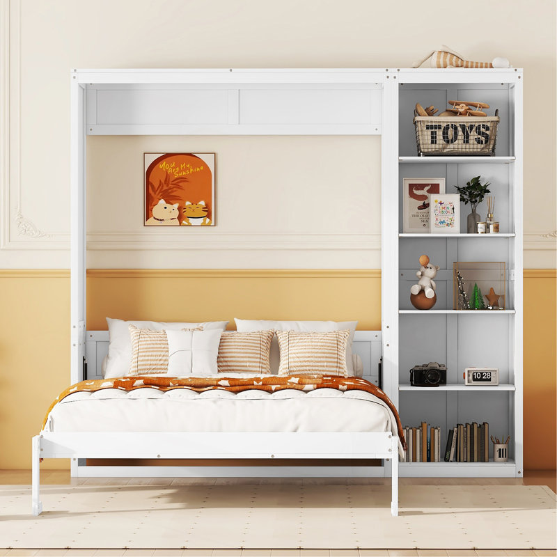 Lit escamotable double pleine grandeur avec tablettes, Blanc