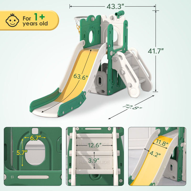 7 in 1 Kids Slide, Toddler slide with Climber Outdoor Indoor Slide Playset, Green/Yellow