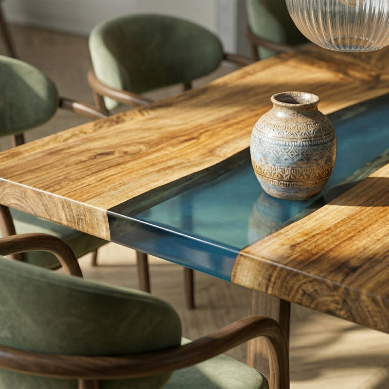 Luxury Live Edge Walnut Epoxy River Dining Table – Handmade Solid Wood Farmhouse Table with Clear Resin Inlay, Modern Rustic Kitchen & Dining Room Furniture