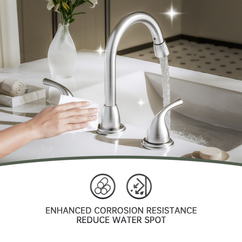 Pull Down Sprayer 8 Inch 3 Hole Bathroom Sink Faucet, 2 Handles Widespread Pull Out Bathroom Faucet, With Pop Up Drain And Water Supply Line