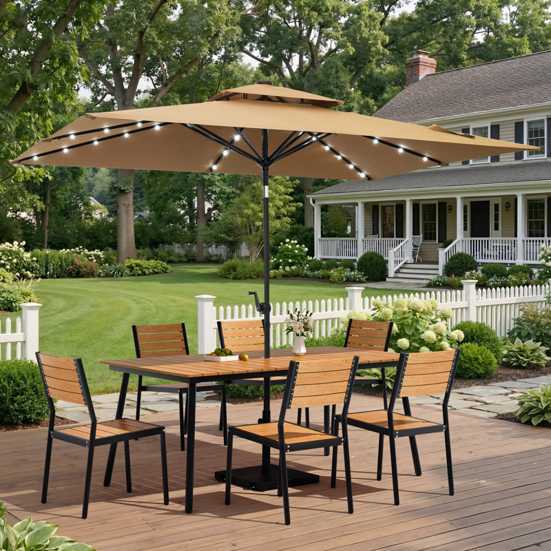 Ensemble de salle à manger en aluminium pour 6 personnes avec chaises empilables, parasol solaire à DEL et base lestée, Tan