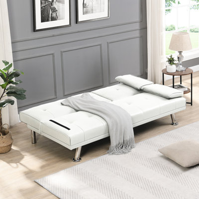 Lit blanc avec accoudoirs, deux supports, pieds en acier inoxydable, structure en bois, polyvalent pour toutes les occasions, étapes d'assemblage facile, scènes de 600 lb, capacité de poids, installation, capacité