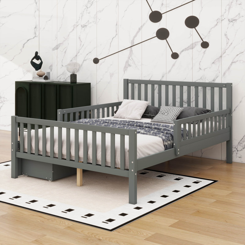 Wooden Platform Bed With Safety Guardrails, Full, Grey