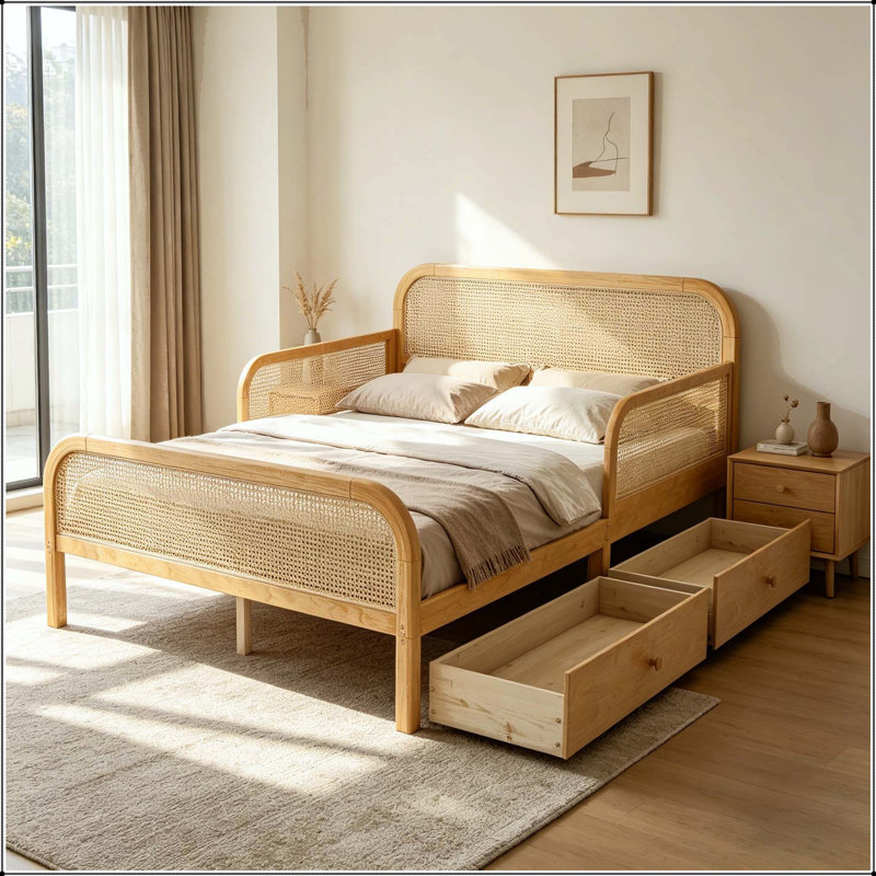 Lit plateforme en rotin avec 2 tiroirs de rangement, Lit double, Naturel