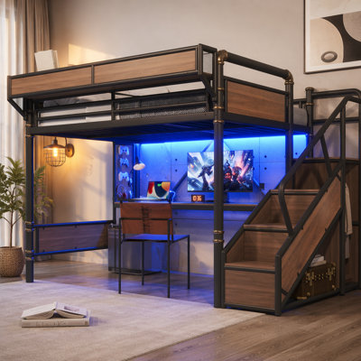Queen Size Industrial Metal Loft Bed with Built-in Desk & Power Outlet, LED Strip, Metal Loft Bed Frame with Pegboard & Mesh Storage Baskets, Storage Stairs with Wardrobe, Black